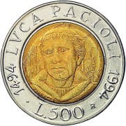 Italienische 500-Lire-Münze von 1494 mit Porträt von Luca Pacioli. (Bild: PD)