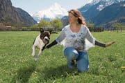 Ein «Hopp!» genügt, und Hündin Lilou springt Frauchen Sandra Schneider über die Arme. (Bild: Nadia Schärli (Schattdorf, 21. April 2017))