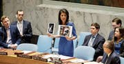 Nikki Haley, UNO-Botschafterin der USA, zeigt an der Sicherheitsratssitzung Bilder von Opfern des jüngsten Giftgas-Anschlags in Syrien.Bild: Justin Lane/EPA (New York, 5. April 2017)