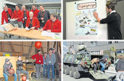 Im Uhrzeigersinn von oben links: die Moderatoren der Armee in «Ziviluniform», Informationen über die Truppengattungen, Demofahrt für 18-jährige Obwaldner im Radschützenpanzer und Einführung in den Fitnesstest. (Bilder: Robert Hess (Alpnach, 16. März 2018))