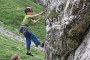 Die zehnjährige Annika (links) und der achtjährige Raffael Fullin stellen in einem der drei Klettergärten auf der Chammlialp ihr bereits beachtliches Können unter Beweis. (Bild: Bruno Arnold (Unterschächen, 16. Juli 2017))