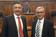 Die zwei neuen Ständeräte im Sitzungssaal der Kleinen Kammer: links Hans Wicki, rechts Erich Ettlin. (Bild: PD)