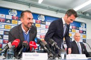 2014: Sportchef Alex Frei (Mitte) und Präsident Ruedi Stäger stellen Markus Babbel als neuen Trainer des FC Luzern vor. (Bild: Sigi Tischler/Keystone)