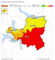 Die Gefahrenkarte für den Kanton Schwyz, Stand 15 Uhr. (Bild: meteocentrale.ch)
