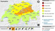 Die Gefahrenkarte von Meteo Schweiz, Stand Freitagnachmittag 14 Uhr. (Bild: Grafik Meteo Schweiz)