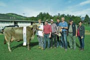 Die Kuh Anuschka von Sepp Lussi (Zweiter von rechts) wurde als Tagessiegerin beim Braunvieh ausgezeichnet. (Bild: Paul Küchler (Oberdorf, 7. Oktober 2017))