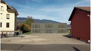 Der geplante Kindergarten zwischen dem Schulhaus 1907 (links) und der Turnhalle.Visualisierung: PD