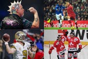 Im Uhrzeigersinn von links oben: Darter Peter Wright, die Fussballer Roberto Firmino (Liverpool) und Idrissa Gueye (Everton), die Eishockey-Spieler Chay Genoway und Marc-Antoine Pouliot (Team Canada) und der Footballer Drew Brees (New Orleans Saints). (Bilder: Keystone)