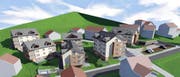 Zuerst sollen in der neuen Überbauung die beiden Häuser links aussen erstellt werden. (Bild: Visualisierung ST-Architekten GmbH)