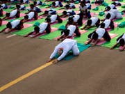 Der Premierminister in der ersten Reihe: Narendra Modi macht simultan mit 37'000 Menschen in Indiens Hauptstadt Neu Delhi Yoga-Übungen (Bild: /AP/MANISH SWARUP)
