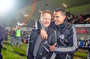 2010: Luzerns Trainer Rolf Fringer (links) und sein Assistent Petar Aleksandrov feiern auf dem Gersag viele Siege. (Bild: Philipp Schmidli / Neue LZ)