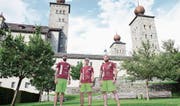 Fabian Jordan, Joel Ruffiner und Kevin Schwestermann (von links) sollen heute beim Stockalperpalast in Brig ankommen, allerdings wohl in etwas wärmerer Kleidung. (Bild: PD)
