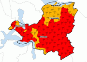 Die aktuelle Sturm-Gefahrenkarte (Stand 14 Uhr) für den Kanton Schwyz. (Bild: meteocentrale.ch)
