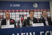 Sie informierten an der Medienkonferenz: CEO Marcel Kälin, Präsident Philipp Studhalter und Sportchef Remo Meyer. (Bild: Urs Flüeler / Keystone (Luzern, 5. Januar 2018))