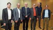 Die Gesprächsteilnehmer (v.l.): Mike Bacher, Präsident CVP Engelberg, Regierungsrat Christoph Amstad, Talammann Alex Höchli, Kantonsrat Dominik Rohrer, Tourismusdirektor Frédéric Füssenich und Norbert Patt, CEO Titlis Bergbahnen AG. (Bild: Robert Hess (Engelberg, 5. Februar 2018))
