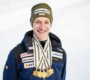 1, 2, 3, 4, 5 – zum Überprüfen: Marco Odermatt hatte in Davos das Abonnement auf die Goldmedaillen. (Bild: Manuel Lopez/Keystone (Davos, 6. Februar 2018))