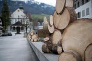 39 Hasen aus Baumstammrollen sind auf dem Sachsler Dorfplatz zu sehen. (Bild: Corinne Glanzmann (Sachseln, 28. März 2018))