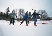 Auf dem Kunststoffeisfeld ind Sins vergnügen sich die drei Buben Florian Linder, Alain Schad und Silas Linder (von links nach rechts)B (Bild: ild: Stefan Kaiser (6. Januar 2018))