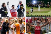 Auch Sie sorgten 2015 für Schlagzeilen: Didier Défago, Roger Federer, Daniela Ryf und Ramona Bachmann (von links). (Bilder Keystone)