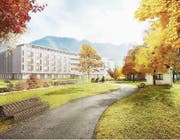 So soll der markante Erweiterungsbau «Schmetterling» der Stiftung Zukunft Alter aussehen. (Bild: Visualisierung PD)
