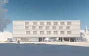 Sicht auf das geplante neue Bahnhofsgebäude vom Bahnhofplatz her. (Bild: Visualisierung: PD)