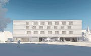 Sicht auf das geplante neue Bahnhofgebäude vom Bahnhofplatz her. (Bild: Visualisierung: PD)