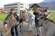 Tierhalterin Iris Schleiss (links) und Helferin Erika Michel machen sich mit vier Eseln ab dem Heimwesen Brand (im Hintergrund) auf zu einem Spaziergang. (Bild Robert Hess)