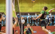 Der Emmer Dominik Ulrich beim Smash, beobachtet von Lars Ulrich (Nummer 2). (Bild: Nadia Schärli (Emmen, 7. Januar 2018))