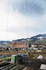 Die Profilstangen des geplanten Neubaus «Am Schärmä». (Bild: Corinne Glanzmann OZ (Sarnen, 15. Januar 2014))