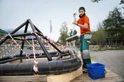 Leander Walker, Badmeister in Hergiswil, bei den Aufräumarbeiten nach einer intensiven Badesaison. (Bild Corinne Glanzmann)