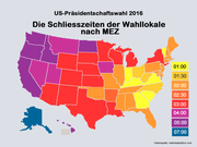 Die Wahllokale schliessen innerhalb der Bundesstaaten zu unterschiedlichen Zeitpunkten. Die Karte zeigt die jeweils späteste Schliesszeiten an. (Bild: bac)