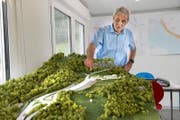 Kantonsingenieur Jörg Stauber vor dem Modell «Giswil Süd» im A8-Container. (Bild: Corinne Glanzmann (Giswil, 14. Juni 2017))