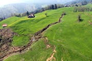 Das Hangrutschgebiet Hintergraben in einem Luftbild aus dem Jahr 2013