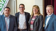 Mirco Gerig, Kreisparteipräsident, Ivan Louis, St. Galler Kantonsratspräsident, Karin Egli-Zimmermann, Zürcher Kantonsratspräsidentin, und Markus Hausammann, Thurgauer Nationalrat (von links). (Bild: PD)