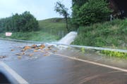 Ein gestauter Bach spülte Wasser und Geröll auf die Fahrbahn. (Bild: Kapo SG)