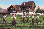 Die Bleiche in Appenzell auf einer Postkarte aus dem Jahr 1928. Auf der Wiese wurden die Leinentücher ausgebreitet und gebleicht. (Bild: pd)