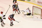 SCH-Captain Roman Popp (70) hat den Puck abgegeben – dieser rutscht parallel zur Torlinie hinter Goalie Laux durch. (Bild: Mea Mc Ghee)