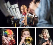 Kunterbunt: Ländler mit Potz Musig, Clown Samuel Ruiz, Trompeter Mathias Hasler und Christine Heri als Hildegard Knef. (Bilder: Michel Canonica)