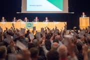 Hoch die Stimmkarten: Präsident Stefan Hernandez (ganz rechts) lässt über eine Personalie abstimmen. (Bild: Urs Bucher)