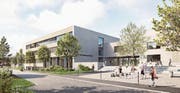 Das neue Schulhaus im Modell. Rechts eine Teilansicht der Mehrzweckhalle. (Bild: Visualisierung: PD)