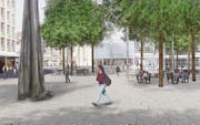 So soll der Kornhausplatz nach Abschluss der Neugestaltung im Jahr 2018 aussehen. (Bild: Visualisierung: PD/Stadt St. Gallen)