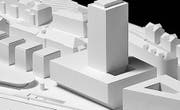 Ausschnitt aus dem Modell der Testplanung für den Bahnhof Nord der St. Galler Architekten Ivo Barão und Peter Hutter. Der Chiosco ist auf dem Vorplatz der FHS zu erkennen. (Bild: PD/Stadt St. Gallen)