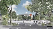 Der neugestaltete Spelteriniplatz mit Wasserspiel und Platz für Spaziergänger und Kinder. (Bild: Visualisierungen: IG Museumsquartier/Regula Geisser)