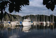 Hafenidylle in Langenargen: Schiffe schaukeln in der Abendsonne.