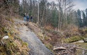 Auf einer Länge von rund 50 Metern geriet der Hang ins Rutschen. Gemeinderat Bruno Brovelli, Daniel Worni vom Tiefbauamt und Patrick Hersche, Leiter des Werkhofs, treffen sich zu einer Bestandesaufnahme. (Bild: Urs Bucher)