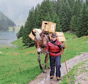 Giulia Kurer und Maultier Tintin auf der Route beim Seealpsee.