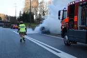 Die örtliche Feuerwehr war rasch an der Unfallstelle und konnte das Feuer löschen. (Bild: Kapo SG)