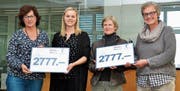 Stefanie Bucciol (Marketingverantwortliche Rheintal Medien AG, Berneck, Zweite von links) überreicht aus dem Erlös des 11. «Rheintaler»-Entenrennens jeweils 2777 Franken an Gabi Weishaupt (Hausleiterin Ronald Mc Donald Haus St. Gallen, von links) und an den Entlastungsdienst Rheintal, vertreten durch Irene Hutter und Elsbeth Specker. (Bild: Monika von der Linden)