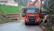 Die Rheintaler Wald-Holz-Energie AG setzt in Eichberg den Holzhäcksler ein, der im Mai 2016 in Betrieb genommen wurde. Die Holzschnitzel liefert die Firma für Schnitzelheizungen in Altstätten und Diepoldsau. Den Holzschlag, den Transport und das Holz übernimmt die Forstteam Haslen GmbH aus Appenzell Innerrhoden. (Bild: Kurt Latzer)