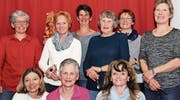 Die Geehrten: (hinten von links) Anita Rutz, Vreni Gehrig, Monika Scherrer (mit der brötigen Frau), Heidi Meier, Evi Bischof, Eva Holenstein, (vorne von links) Susi Büchi, Margrit Rohner und Regula Steiner. (Bild: PD)